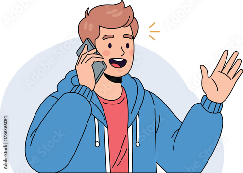 Energetic Young Man Waving During a Phone Call Conversation Cartoon Style Illustration Positive Greeting Communication