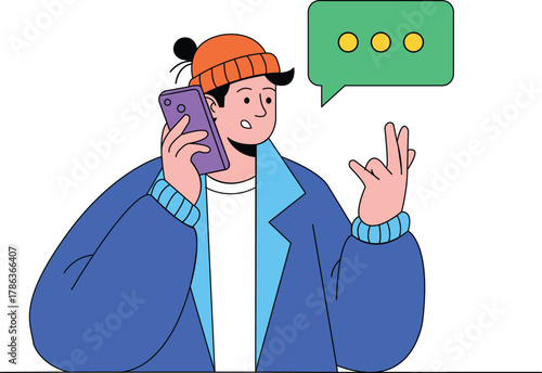 Stylish Man in Beanie Phone Call Communication Conversation Technology Connection Talking Online Modern Illustration