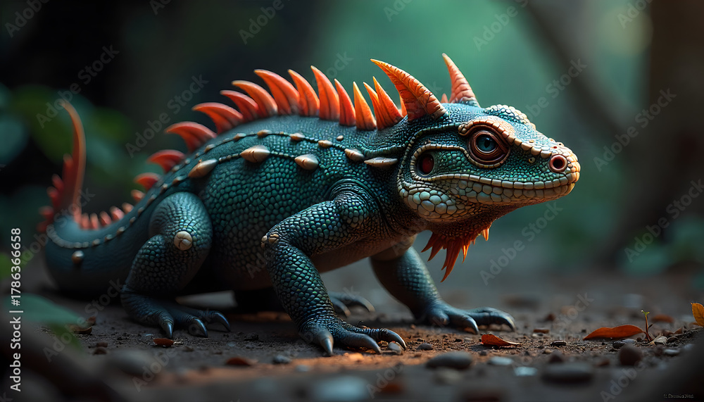 Fototapeta premium Fantasy Blue and Orange Iguana Creature with Detailed Scales and Spikes Digital Art