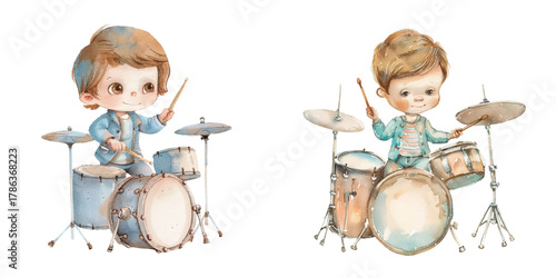 cute kid drummer watercolor vector illustration