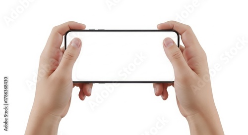 Wallpaper Mural Hands holding a smartphone horizontally with a blank white screen isolated on white background Torontodigital.ca