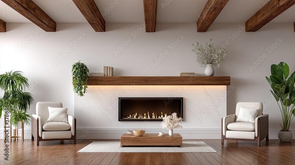 Fototapeta premium A stylish living area showcases a modern fireplace, cozy chairs, and a coffee table, creating a warm and inviting atmosphere
