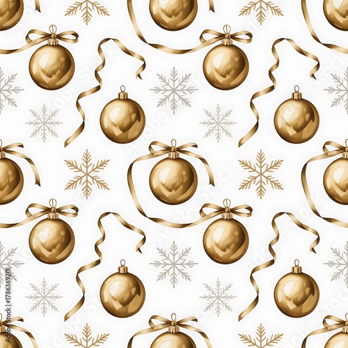 Seamless pattern of golden christmas ornaments and delicate snowflakes on a white background