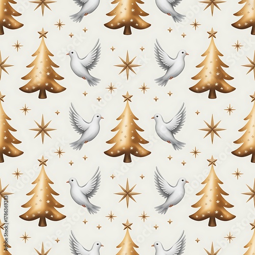 Elegant seamless pattern of golden christmas trees and white doves with starry accents