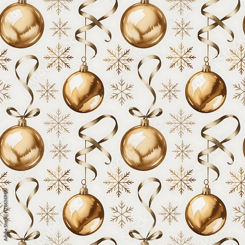 Elegant seamless pattern of golden christmas baubles and snowflakes on a light background