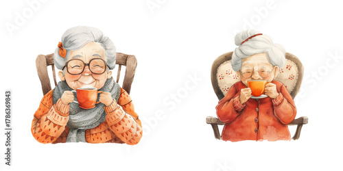 grandma drink hot tea on chair watercolor vector illustration