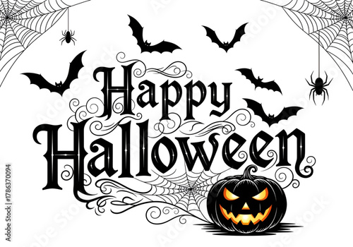 Happy halloween text with spooky bats spiders and pumpkin