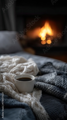 Wallpaper Mural A warm and inviting space features a soft blanket, a cup of coffee, and a crackling fireplace, perfect for relaxation Torontodigital.ca