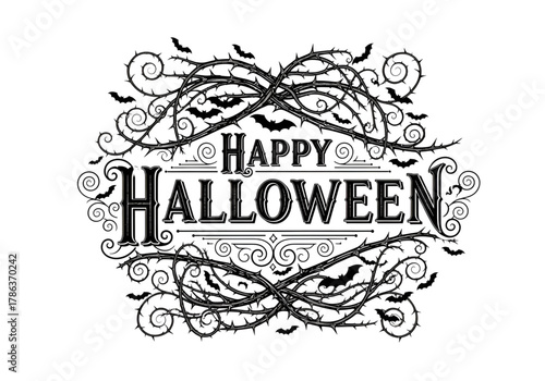 Happy halloween ornate text with thorny vines and bats