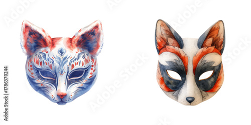 kitsune mask watercolor vector illustration