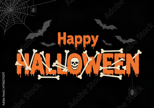 Happy halloween text with skull and bones and bats