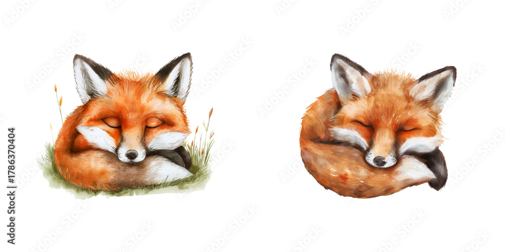 Fototapeta premium sleeping fox watercolor vector illustration
