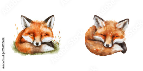 sleeping fox watercolor vector illustration