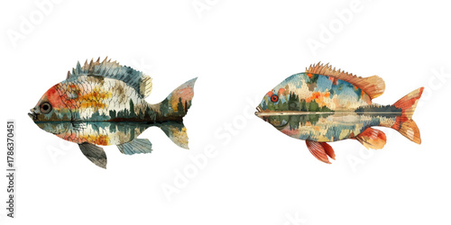 silhouette tilapia fish with lake scene inside watercolor vector illustration
