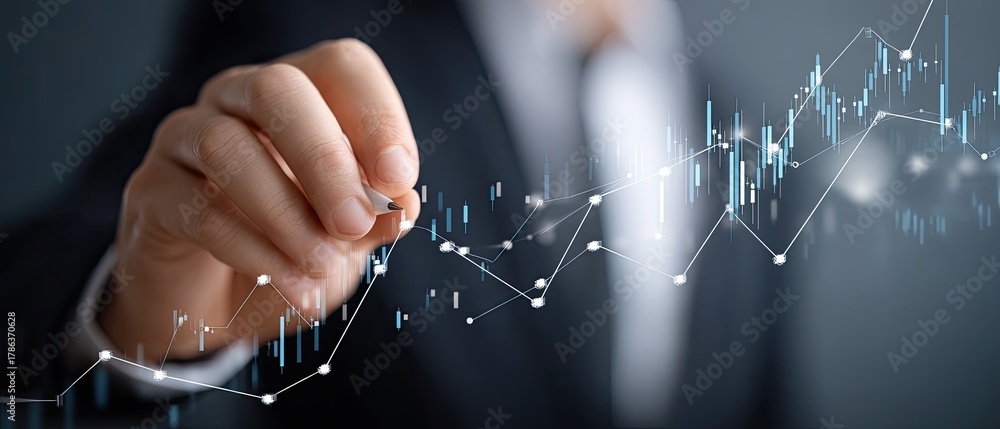 Fototapeta premium Hand of a business professional tracks stock market movements on a digital screen, showcasing trends during a focused work session