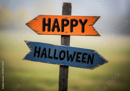 Happy halloween directional signs pointing in opposite directions