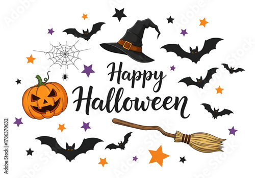 Happy halloween greeting with pumpkin bats witch hat and broomstick