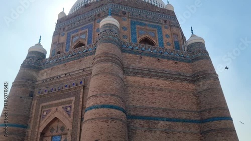 The Tomb of Shah Rukn-e-Alam located in Multan, Punjab, Pakistan, is the mausoleum of the 14th century Punjabi Sufi saint Sheikh Rukn-ud-Din Abul Fateh. historical building in Multan. 4K Footage.