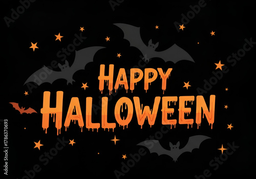 Happy halloween text with dripping orange letters and bats