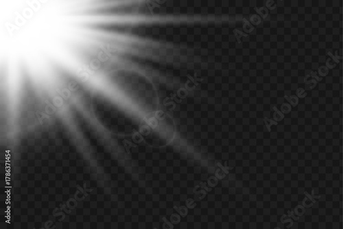 Bright white light source shining corner glare effect, sunbeam on transparent background. glowing abstract radial flash lens flare illumination spotlight design element.