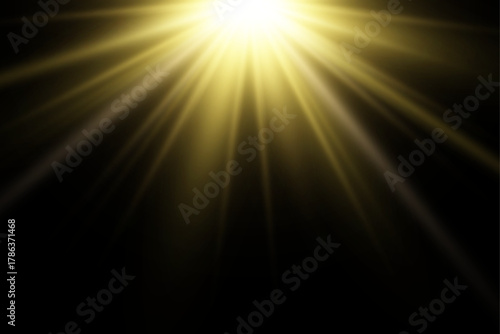 Sunbeams cast abstract yellow light rays against a black background, creating a volumetric illumination effect.