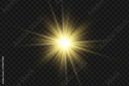 A bright yellow sunburst light effect with an intense radial flash, featuring an abstract illumination design in png, vector.
