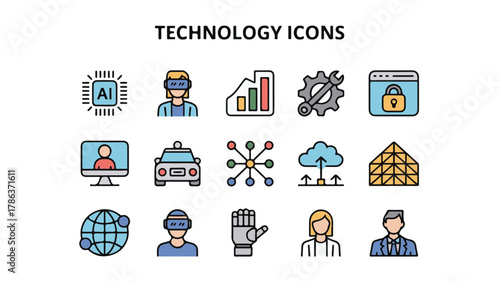 Technology icons artificial intelligence virtual reality data analysis engineering security cloud computing networking autonomous vehicles robotics digital interface