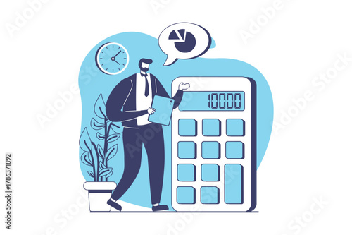 Analyzing budget web concept with flat people for website design. Man bookkeeping and calculating financial balance, accounting earning report with calculator, review statistics. Vector illustration.