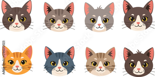 Cute cartoon cat faces collection, different breeds and colors, adorable feline expressions, domestic pet icons for design, flat vector illustration