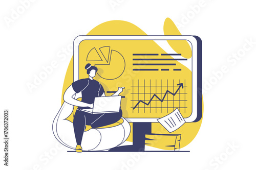 Business activities web concept with flat people for website design. Businesswoman analyzing financial chart with growth trend, making presentation report, developing startup. Vector illustration.