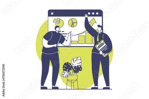Business activities web concept with flat people for website design. Businessmen discussing presentation report with financial chart, planning investments, developing startup. Vector illustration.