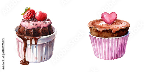 valentines chocolate souffle watercolor vector illustration