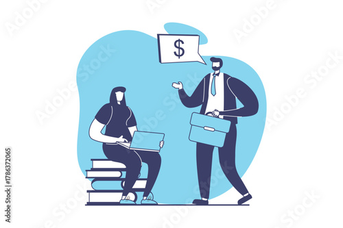 Business activities web concept with flat people for website design. Businessman and businesswoman discussing and brainstorming, planning investments, developing company in team. Vector illustration.