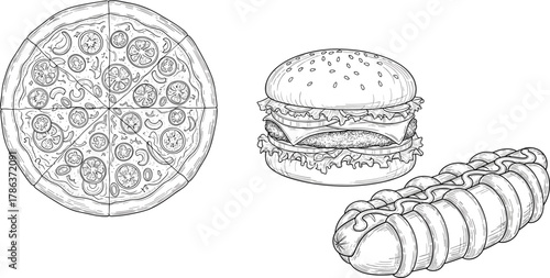 Pizza burger and hotdog line art food illustration set, fast food sketch collection for menu design, detailed monochrome drawing, flat vector
