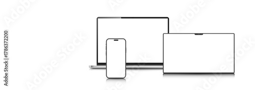 A set of laptop, phone, and tablet layouts with blank screens on a white background. Mockups to present your design. Vector EPS 10.