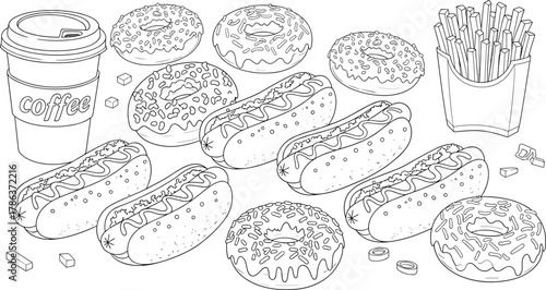 Fast food line art collection with donuts hot dogs coffee and fries, outline snack menu elements, minimal monochrome sketch, flat vector illustration