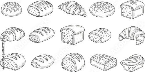 Hand drawn bakery bread and pastry collection, croissant loaves buns artisan baked goods, monochrome sketch style, food illustration, flat vector