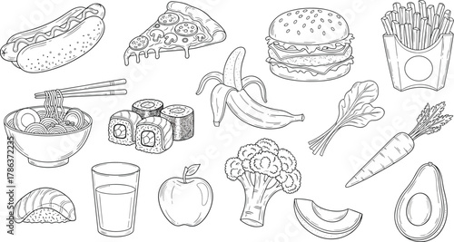 Hand drawn food collection line art including fast food, fruits, vegetables, sushi and snacks for menu design and coloring pages