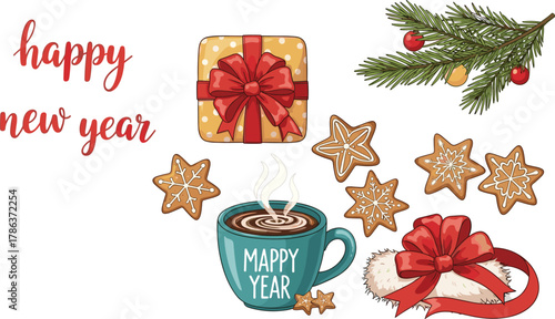 Happy new year celebration, festive holiday mug, gingerbread cookies, gift box, winter decoration, cozy drink, seasonal vector, flat illustration