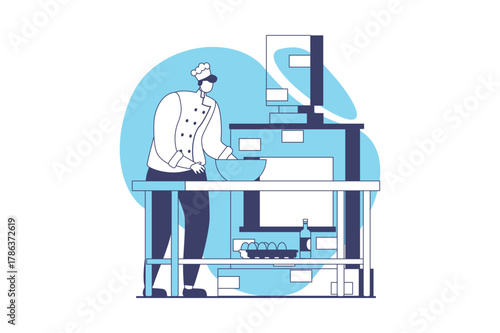 Cooking and restaurant web concept with flat people for website design. Chef in hat and uniform preparing bakery at kitchen, making dough in professional mixer machine utensil. Vector illustration.