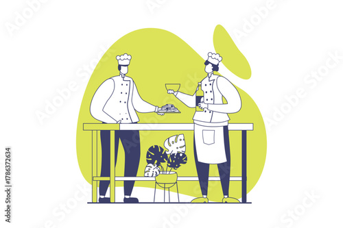 Cooking and restaurant web concept with flat people for website design. Professional chef staff in uniforms preparing dishes at kitchen, working at stove, serving cafeteria. Vector illustration.