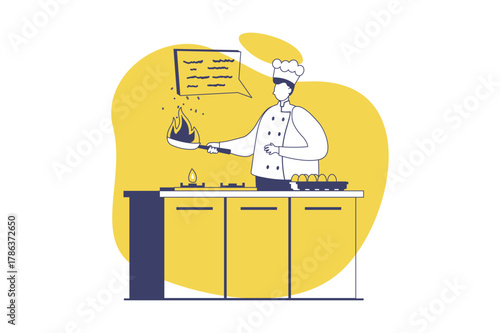 Cooking and restaurant web concept with flat people for website design. Professional chef in hat and uniform preparing dishes, frying at kitchen stove, cooker making dinner. Vector illustration.