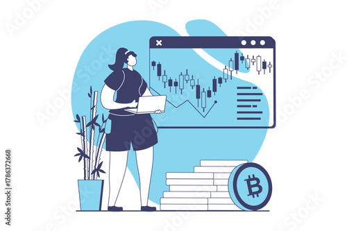 Cryptocurrency mining web concept with flat people for website design. Woman analyzing financial data at bar charts, sell and buy bitcoins and digital coins, increase profit. Vector illustration.