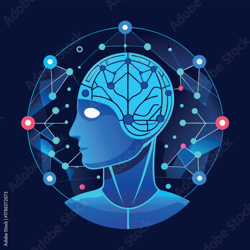 Machine Learning Concept: Human Head with Neural Network Brain