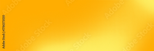 Yellow halftone pattern. Retro comic gradient background. Bright orange pixelated dotted texture overlay. Cartoon pop art faded gradient pattern. Vector backdrop for poster, banner. Modern