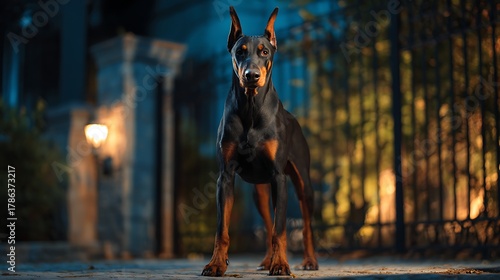 Fototapeta Naklejka Na Ścianę i Meble -  A doberman pinscher standing outdoors at night with a gate and lamp in the background behind it