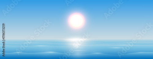 Summer background with blue sea or ocean with sunny blue sky. Realistic landscape with sea and sun. Vector EPS 10.