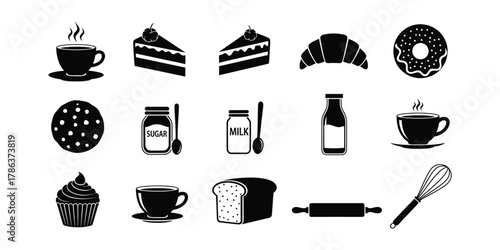 Collection of black and white hand drawn bakery and coffee shop icons and illustrations on a white background. food icon set. set of food icon.