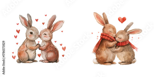 valentines couple bunnies watercolor vector illustration
