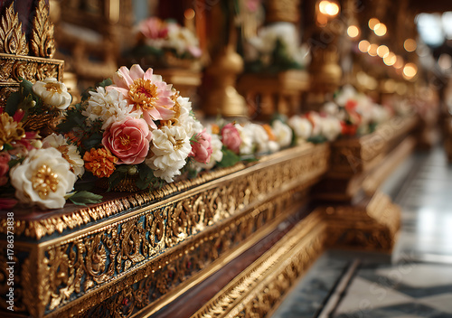 Ornate thai flower garlands adorn a golden altar